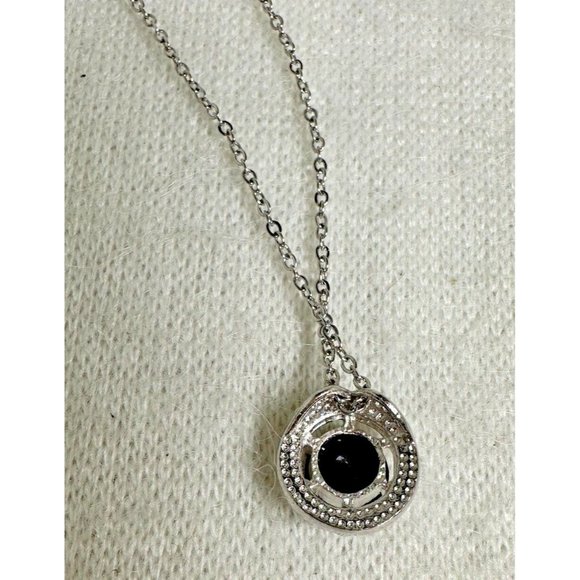 Premier Design Necklace with Black Stone Surrounded by CZs - Silver Tone - 17" - Picture 5 of 5